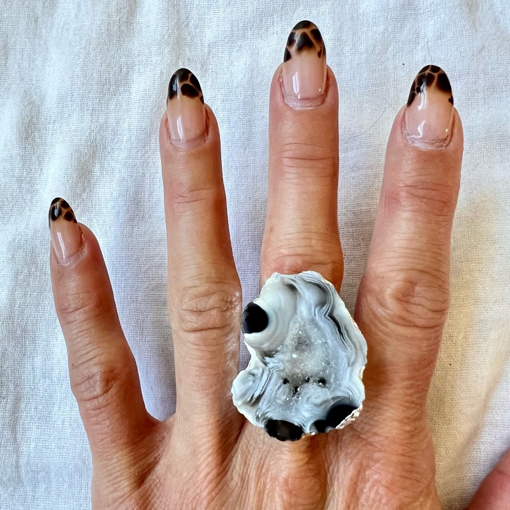 925 Micro Quartz Crystals in Geode Agate Ring 6 7 8 - Picture 7 of 16